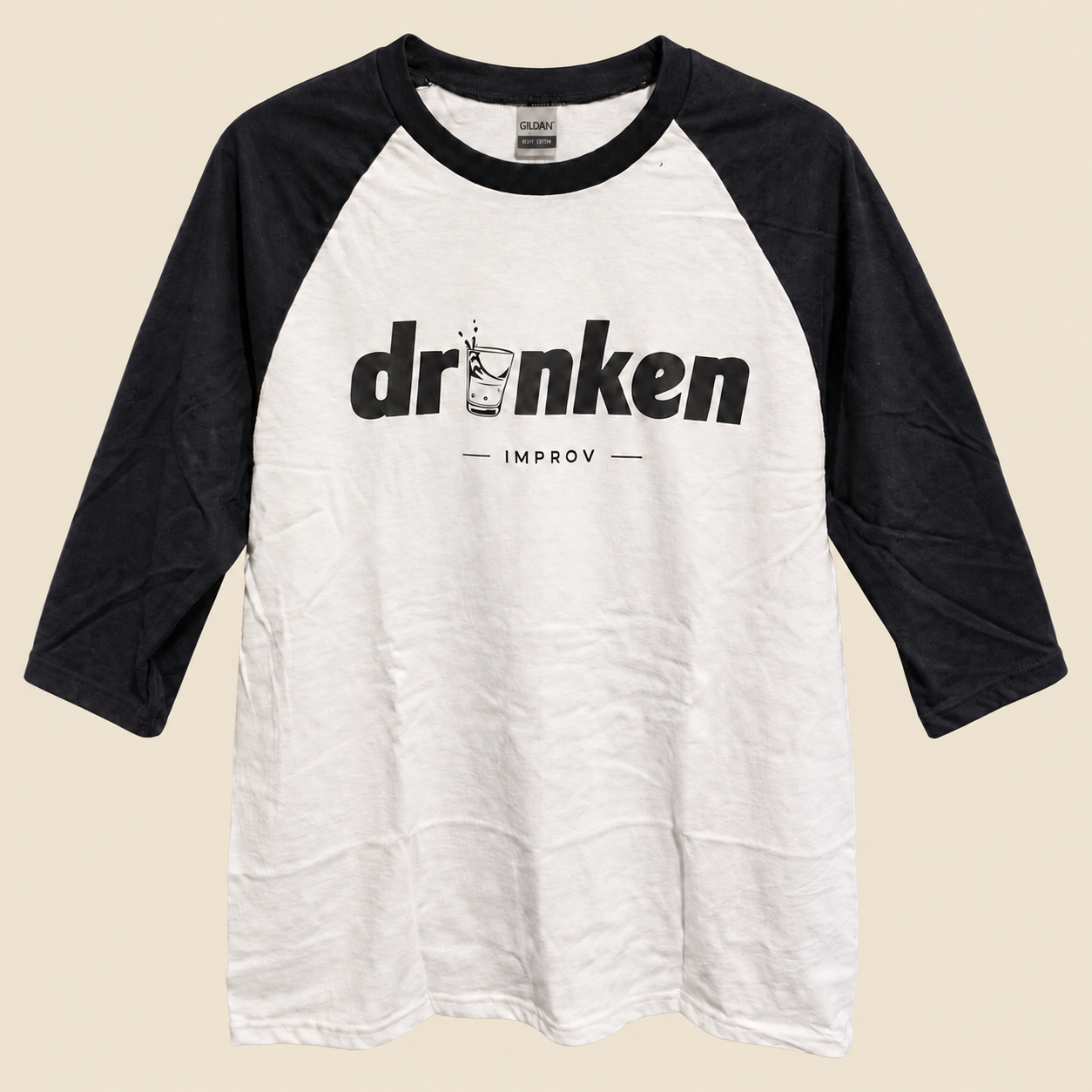 Drunken Improv baseball T-shirt with white body and black sleeves
